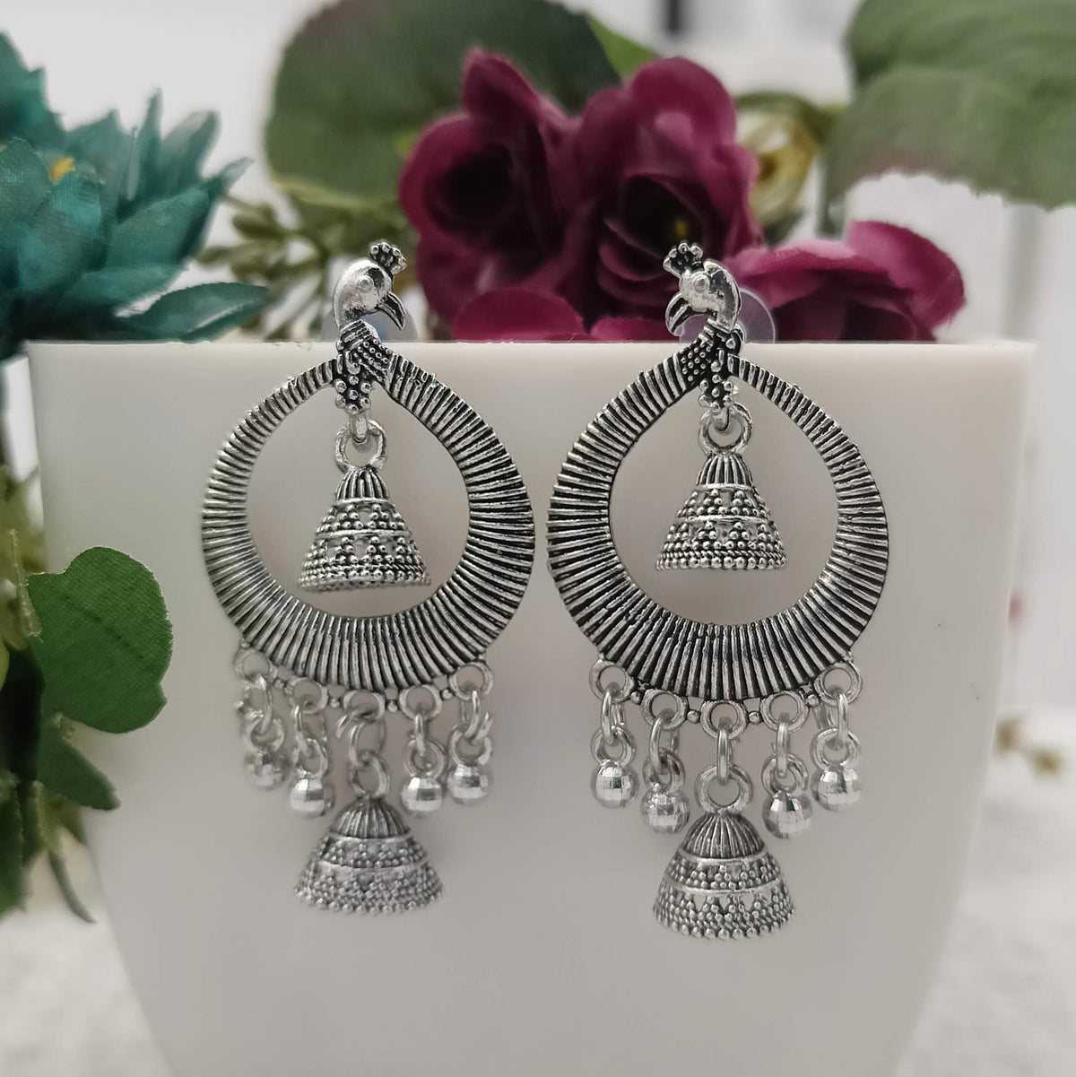 Beautiful Double Jhumka Silver Oxidised Trendy Earrings