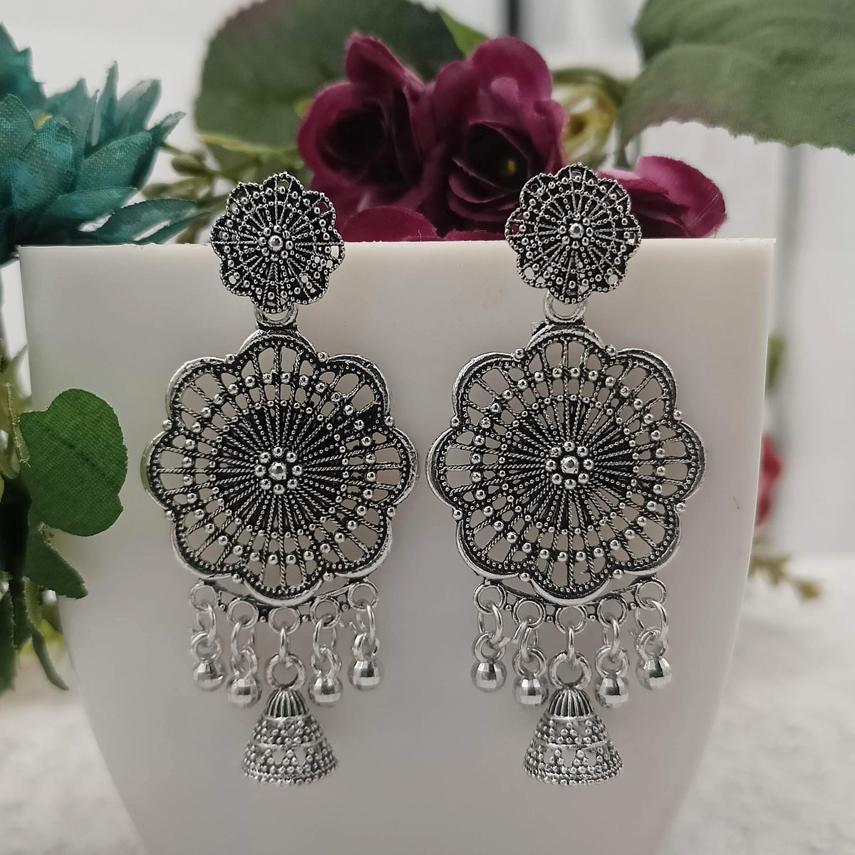 Floral Shape Jhumka Silver Oxidised Trendy Earrings
