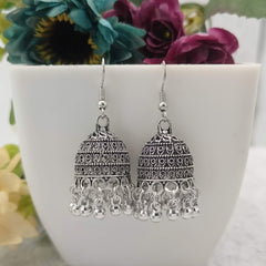 Fish Hook Jhumka Trendy Silver Oxidised Earrings