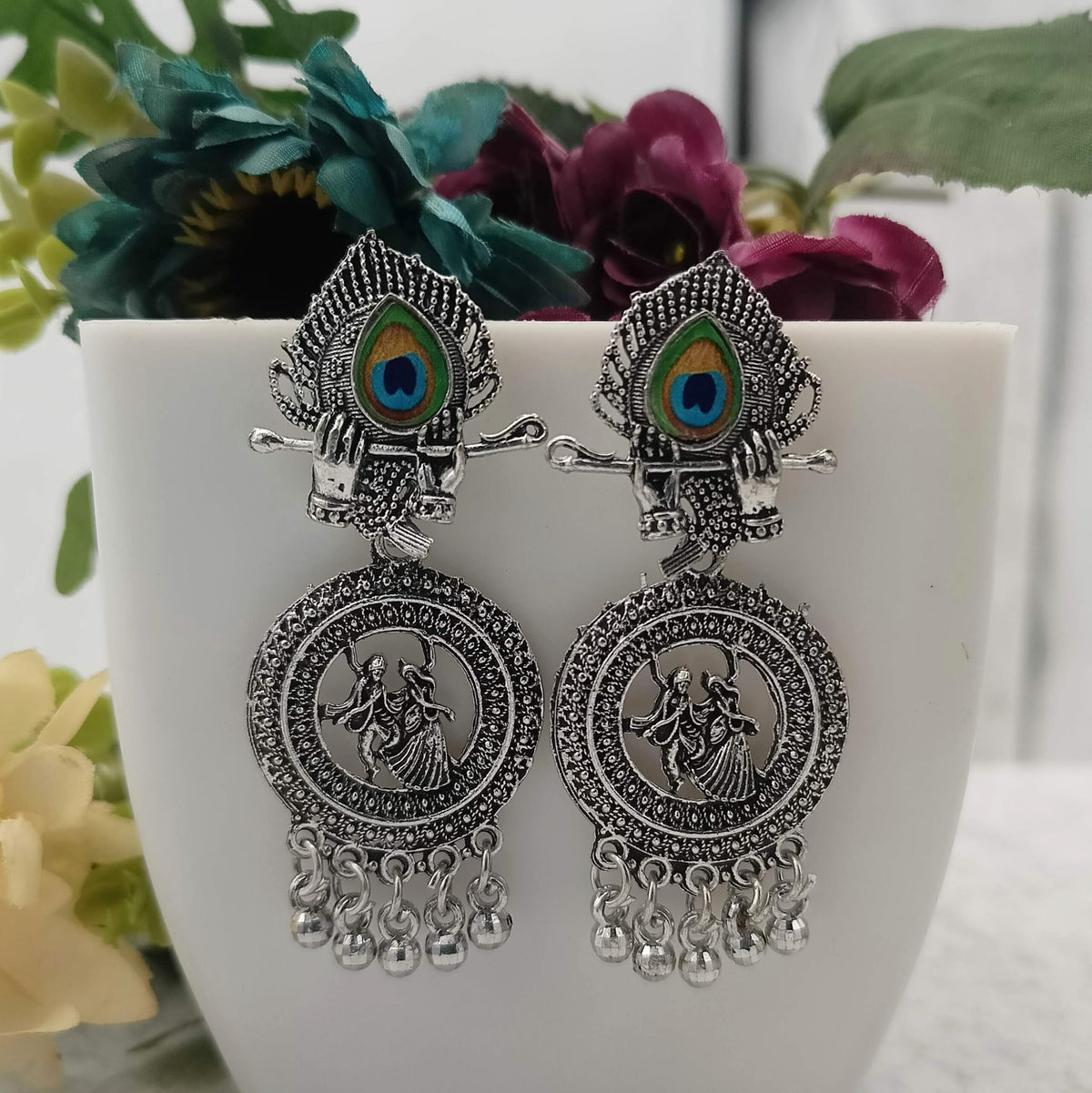 Peacock Sticker Dancing Couple Silver Oxidised Earrings