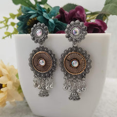 Dual Tone Rainbow Stone Jhumka Silver & Golden Oxidised Earrings