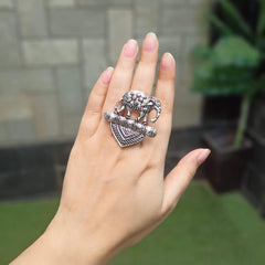 Elephant Design Ethnic Silver Oxidised Adjustable Finger Ring