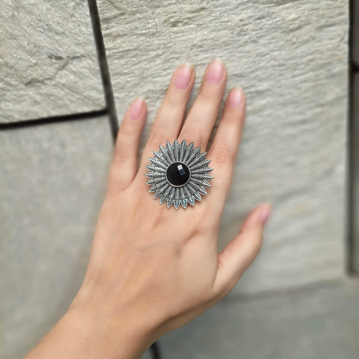 Black Stone Flower Silver Oxidised Adjustable Finger Ring