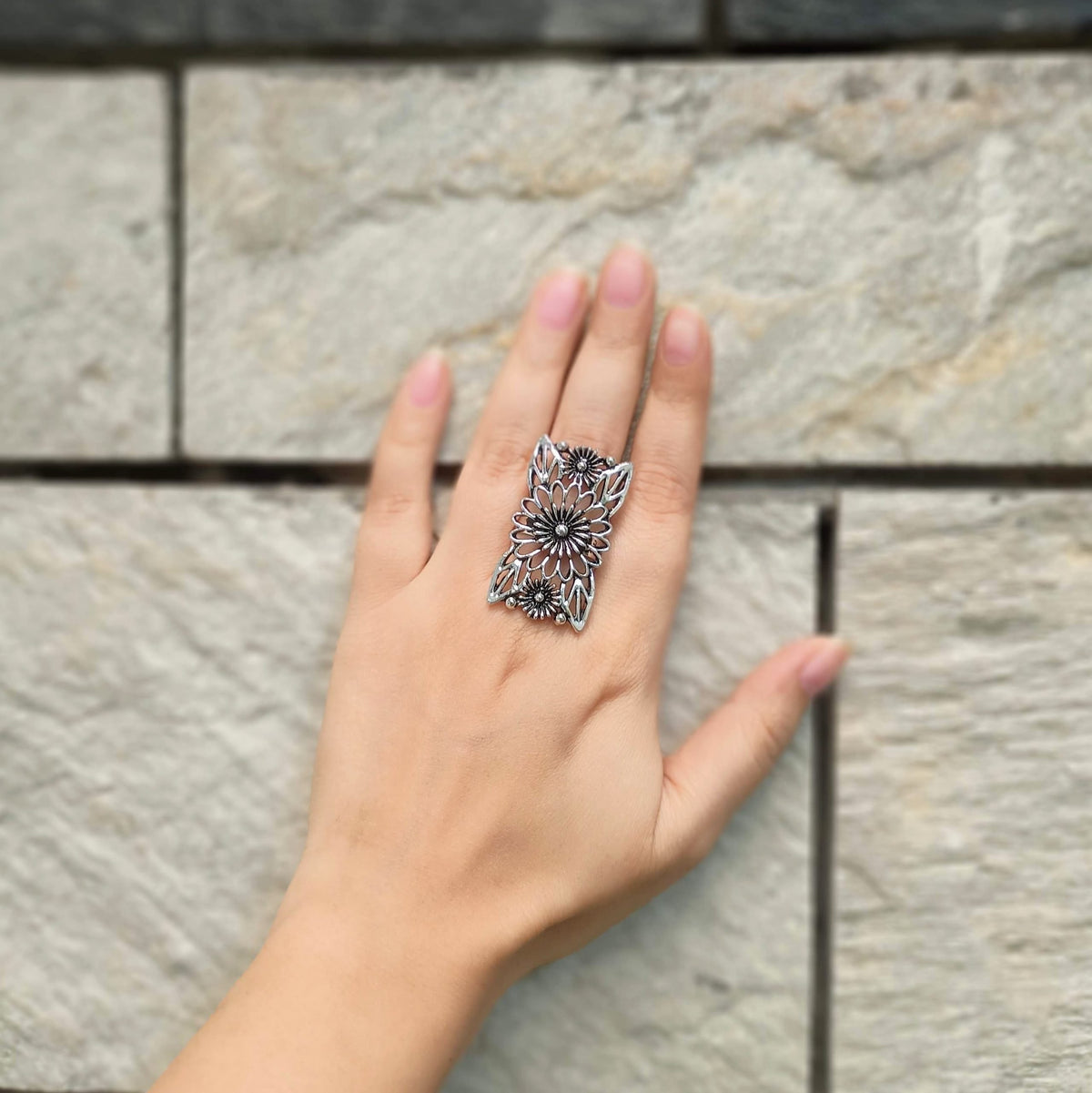 Gorgeous Rectangle Silver Oxidised Adjustable Finger Ring