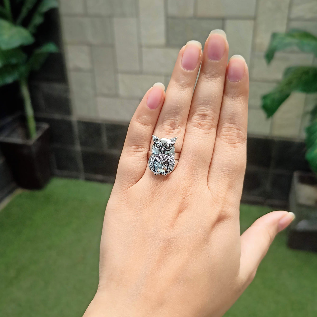 Owl Shape Silver Oxidised Adjustable Finger Ring