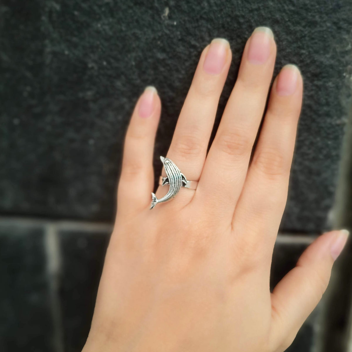 Dolphin Shape Silver Oxidised Adjustable Finger Ring