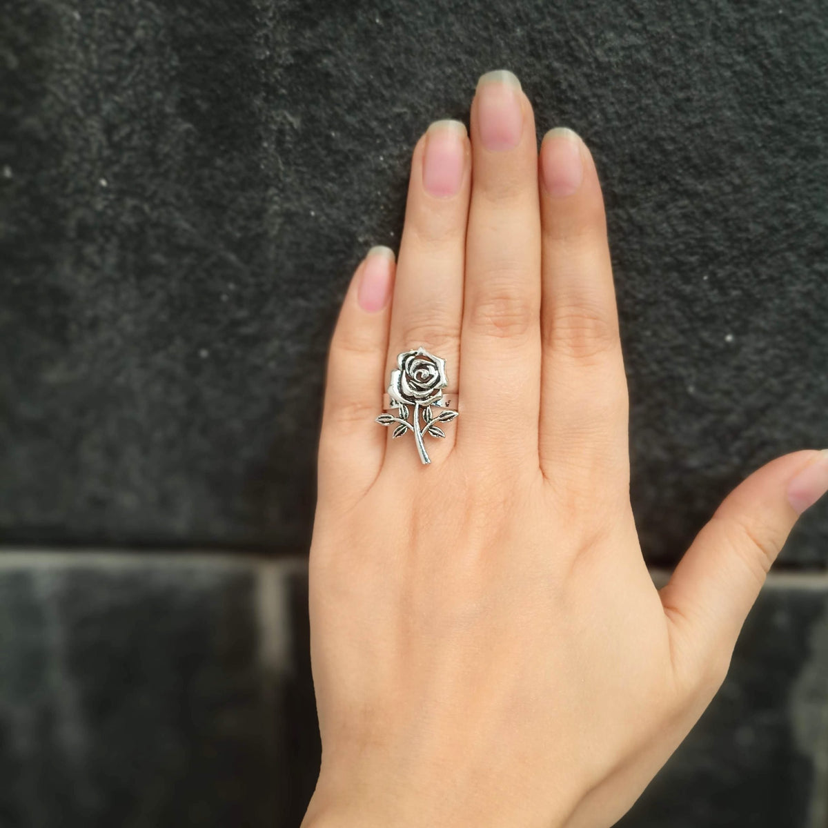 Rose Flower Silver Oxidised Adjustable Finger Ring