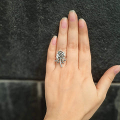 Rose Flower Silver Oxidised Adjustable Finger Ring