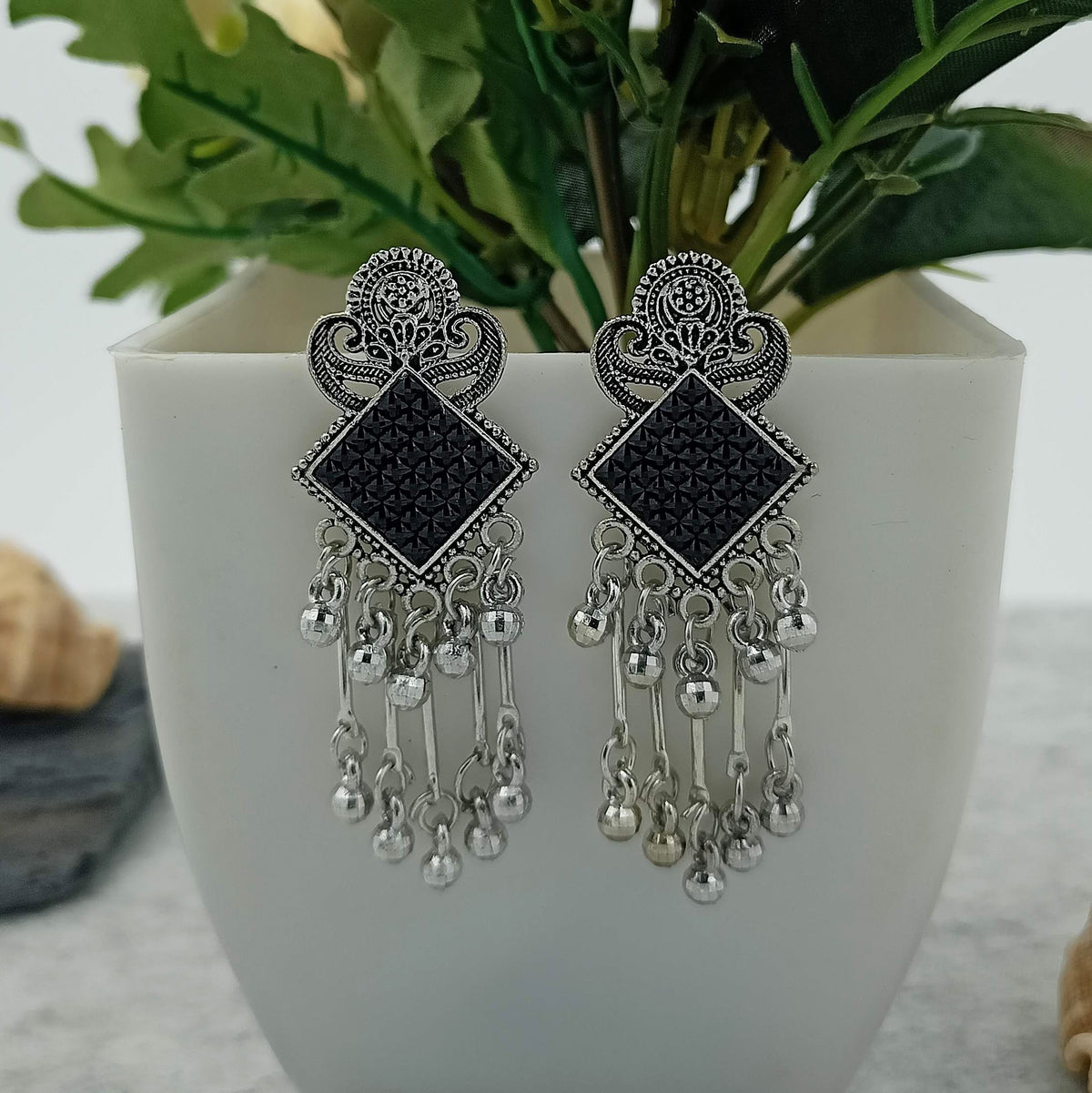 Drop Silver Beads Black Square Oxidised Earrings