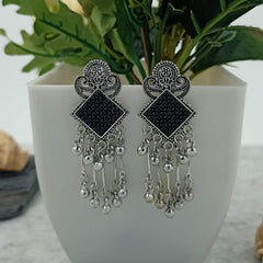Drop Silver Beads Black Square Oxidised Earrings