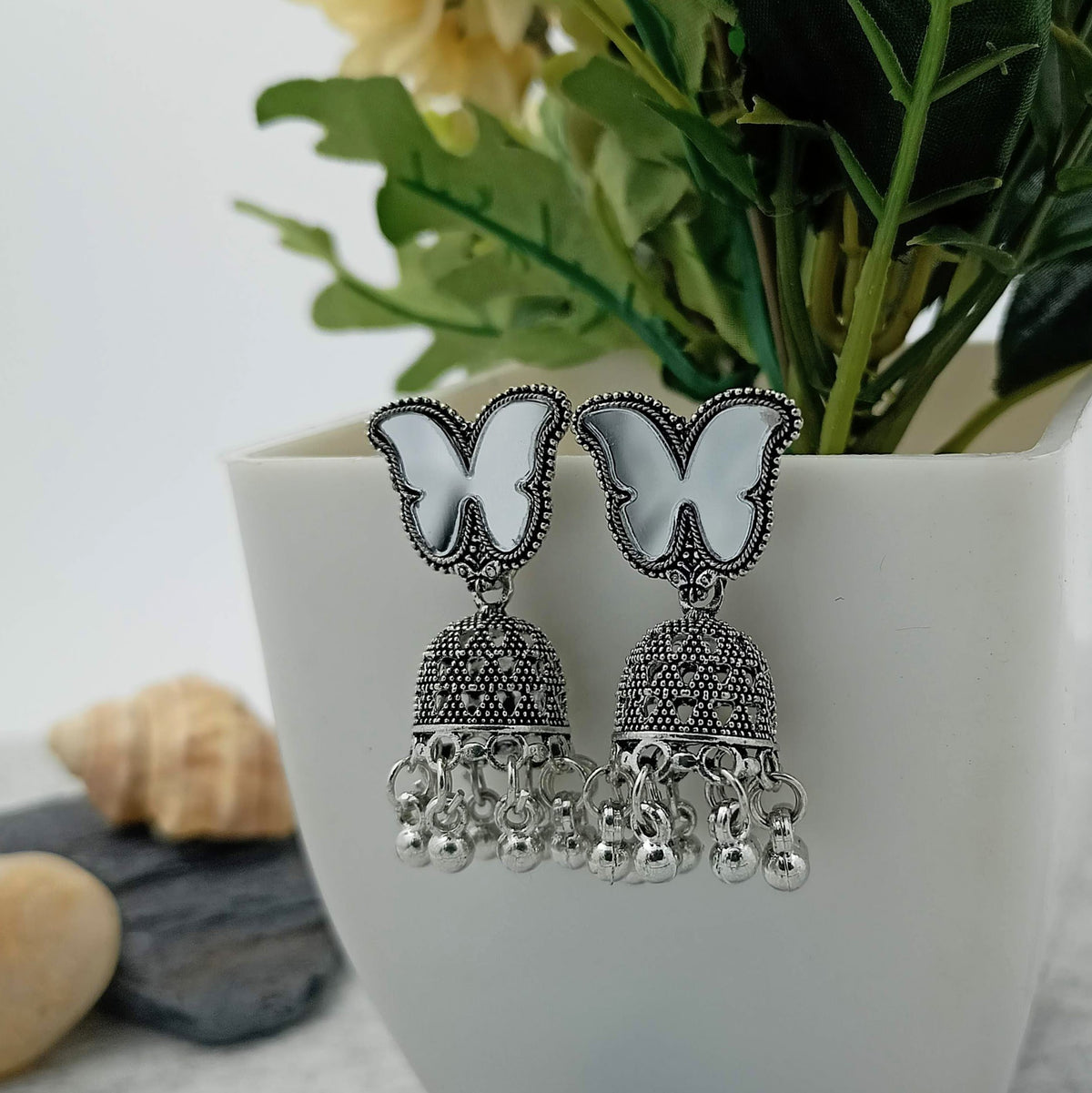 Mirror Butterfly Silver Oxidised Trendy Earrings