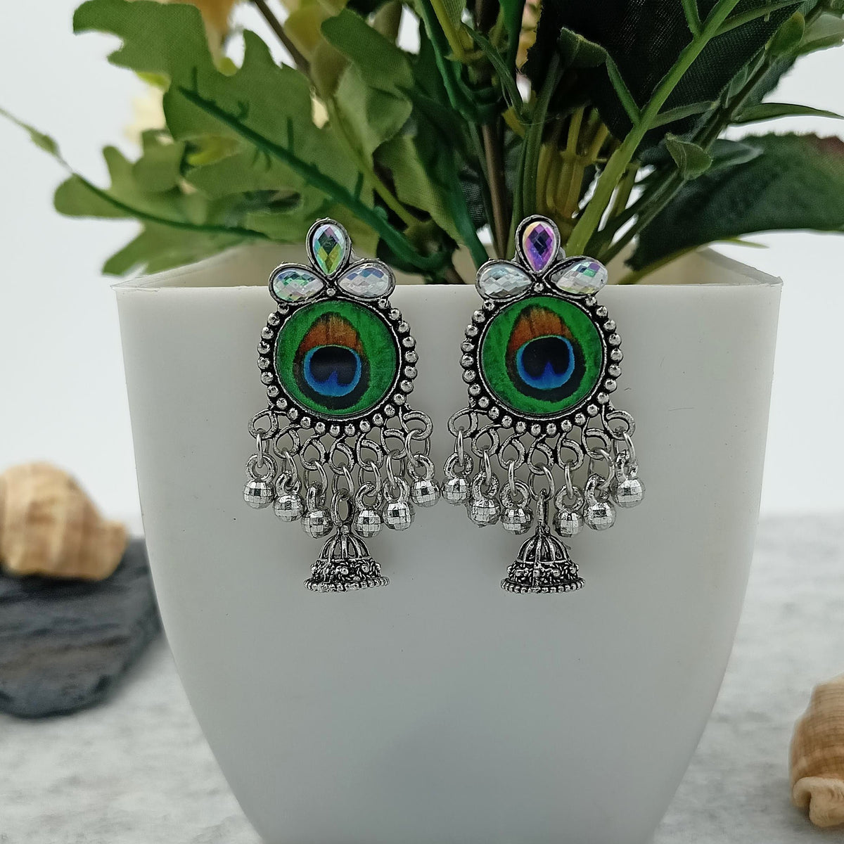 Rainbow Stone Peacock Sticker Jhumka Silver Oxidised Trendy Earrings