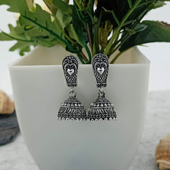 Heart Engraved Jhumka Silver Oxidised Trendy Earrings