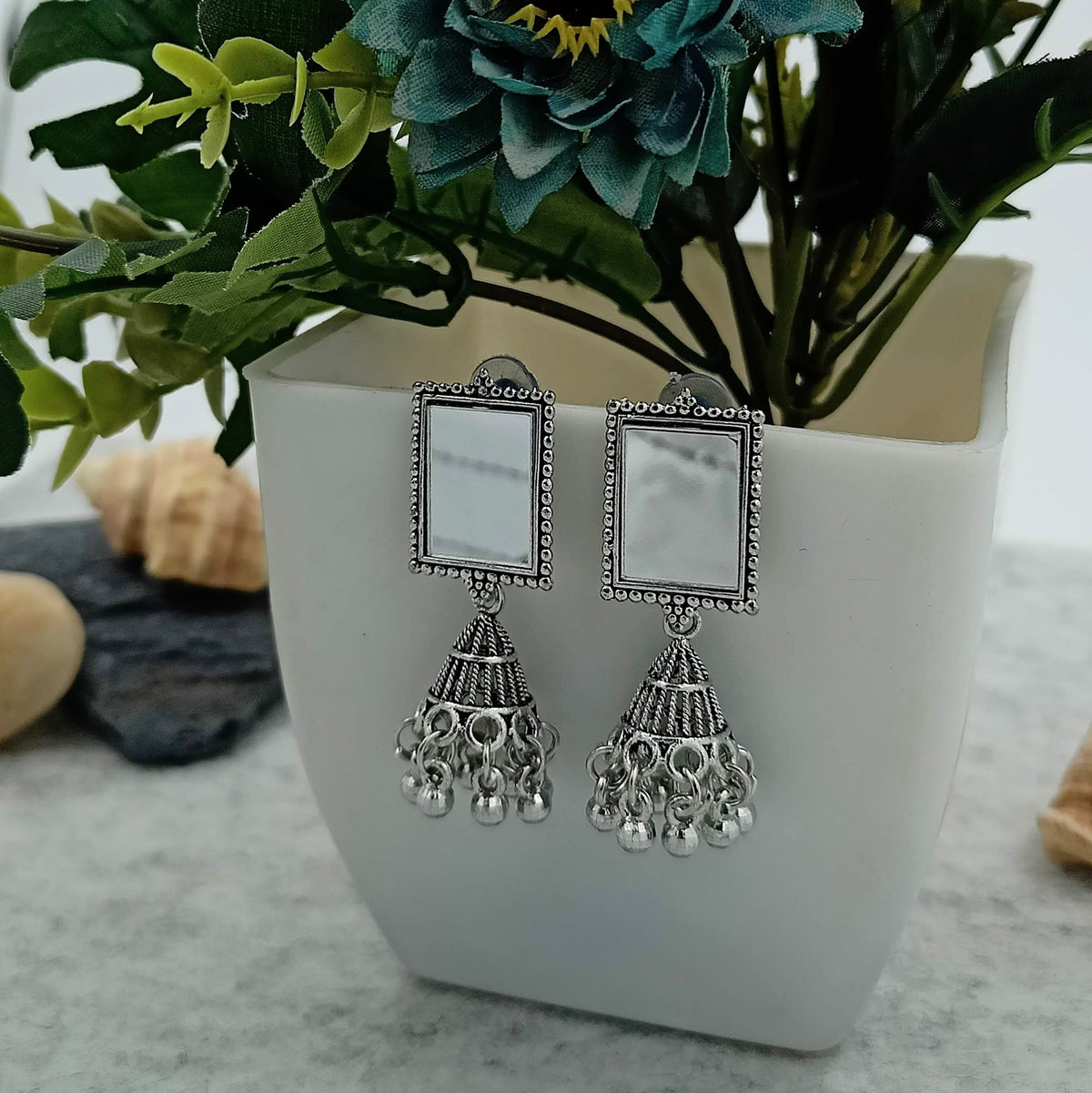 Mirror Rectangle Jhumka Silver Oxidised Trendy Earrings