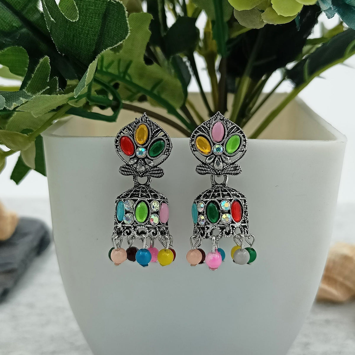 Multicolor Stone Studded Jhumka Silver Oxidised Trendy Earrings