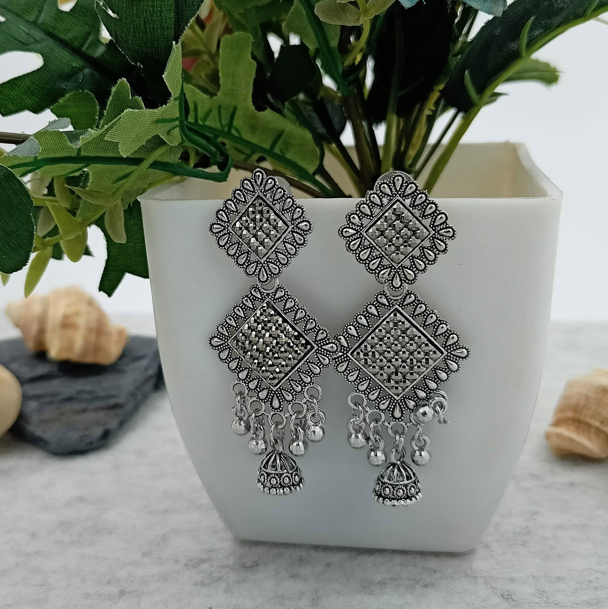 Long Rectangle Drop Jhumka Silver Oxidised Trendy Earrings