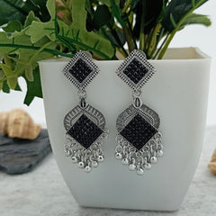 Black Color Drop Beads Silver Oxidised Trendy Earrings