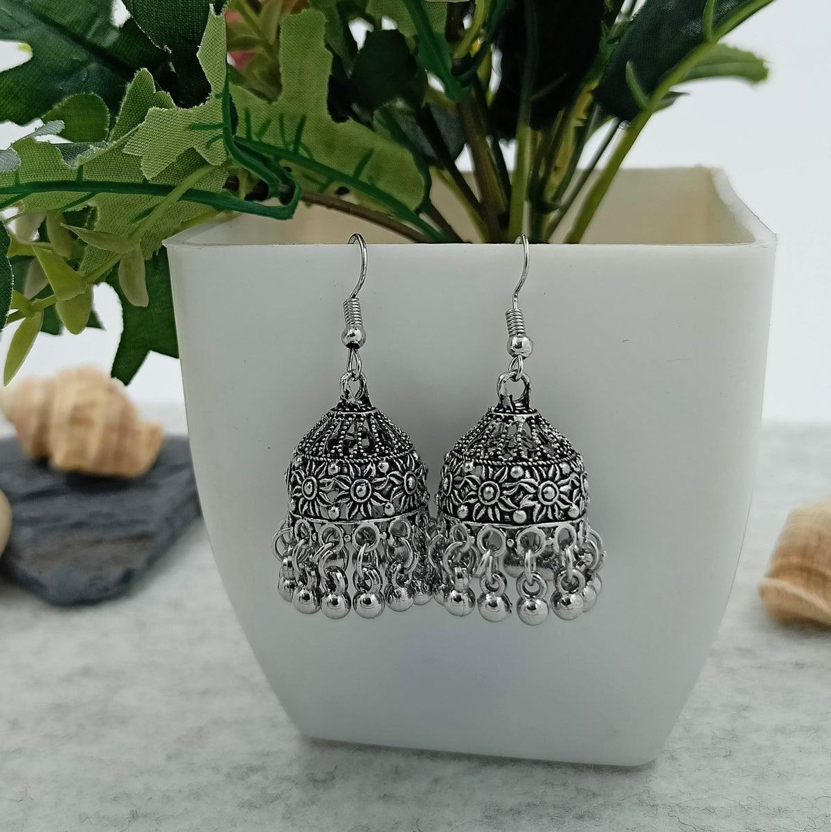 Flower Engraved Beautiful Jhumka Silver Oxidised Trendy Earrings