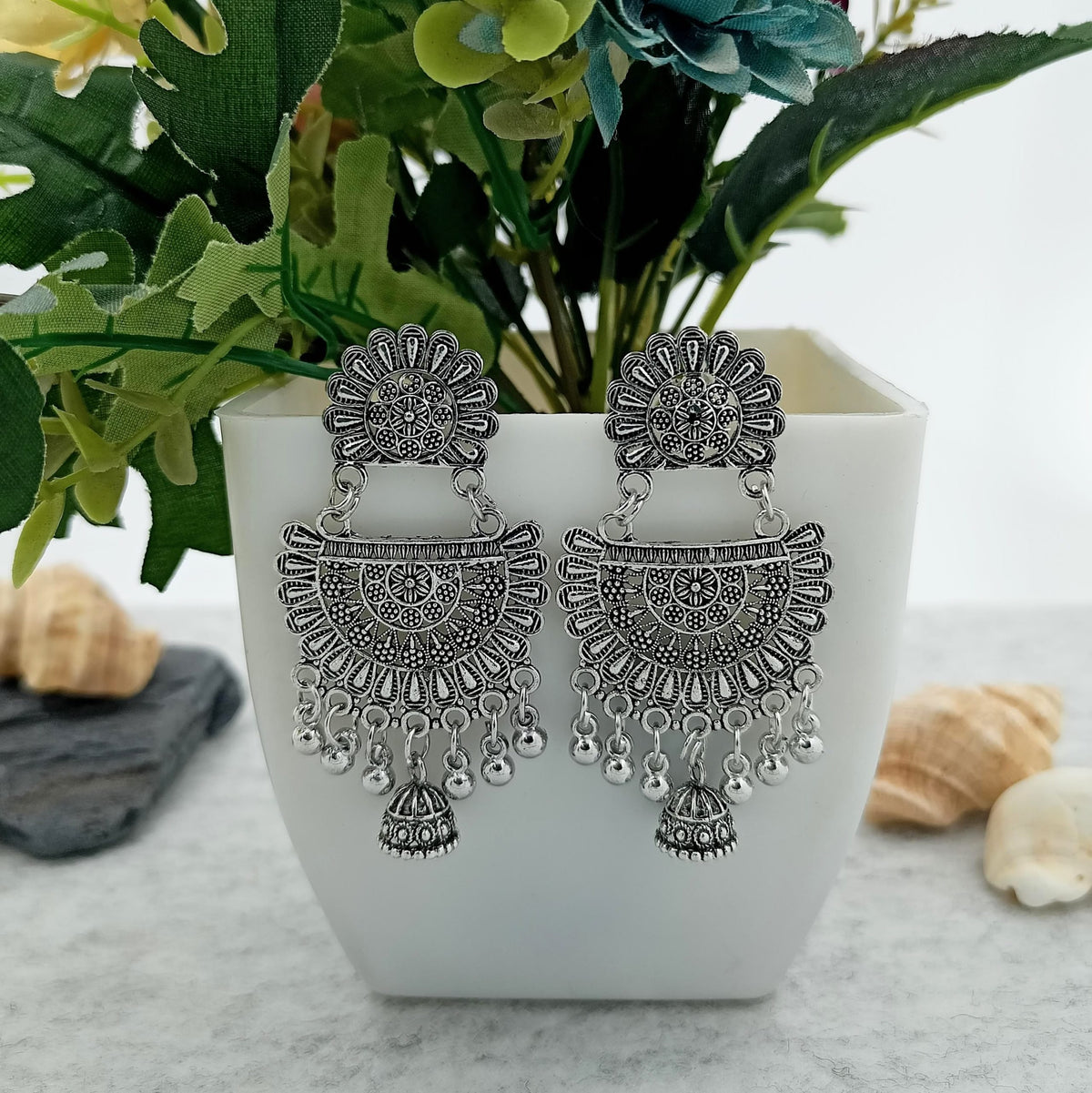 Big Chand Bali Style Jhumka Silver Oxidised Trendy Earrings