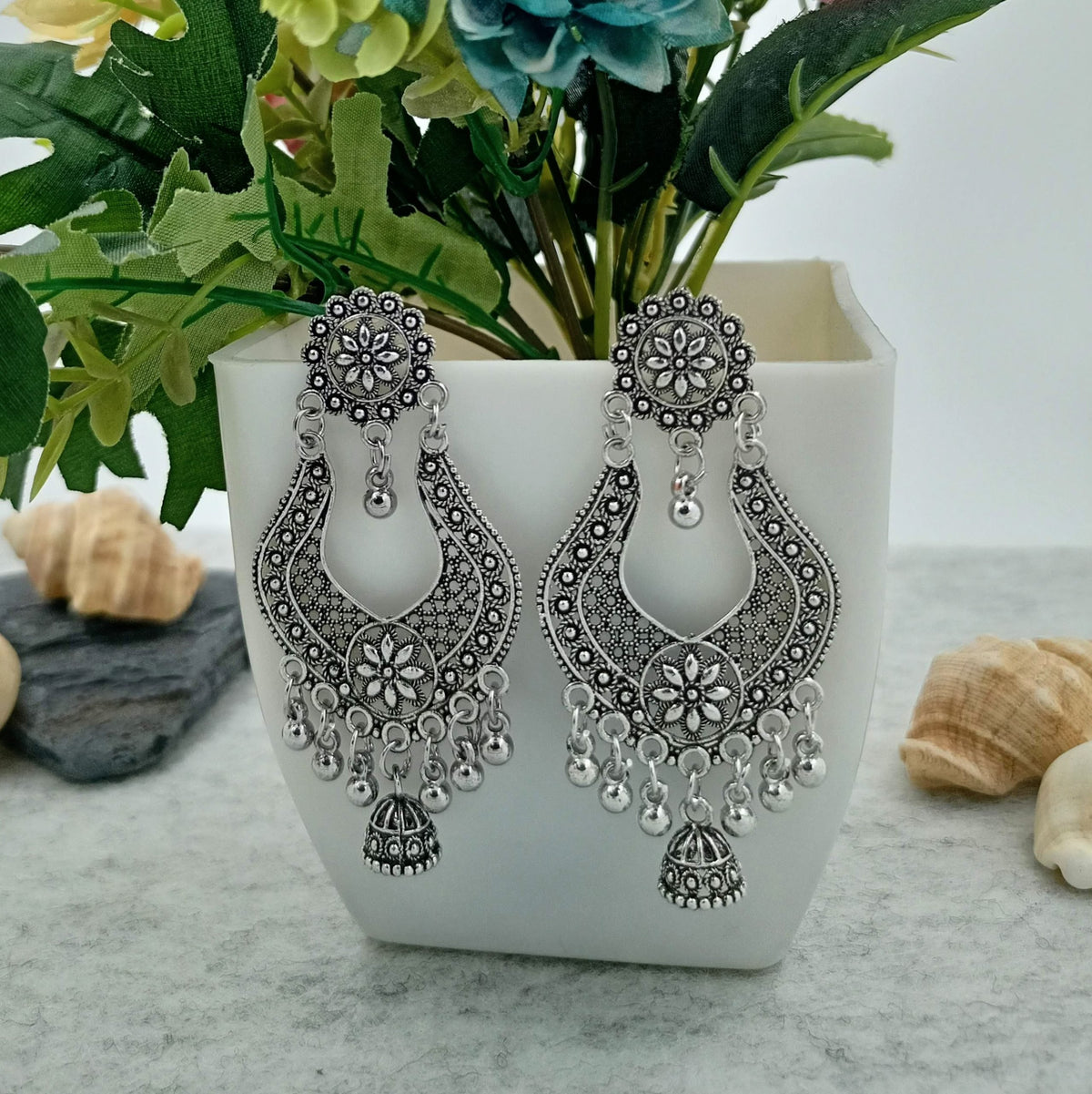 Flower Design Big Drop Jhumka Silver Oxidised Trendy Earrings