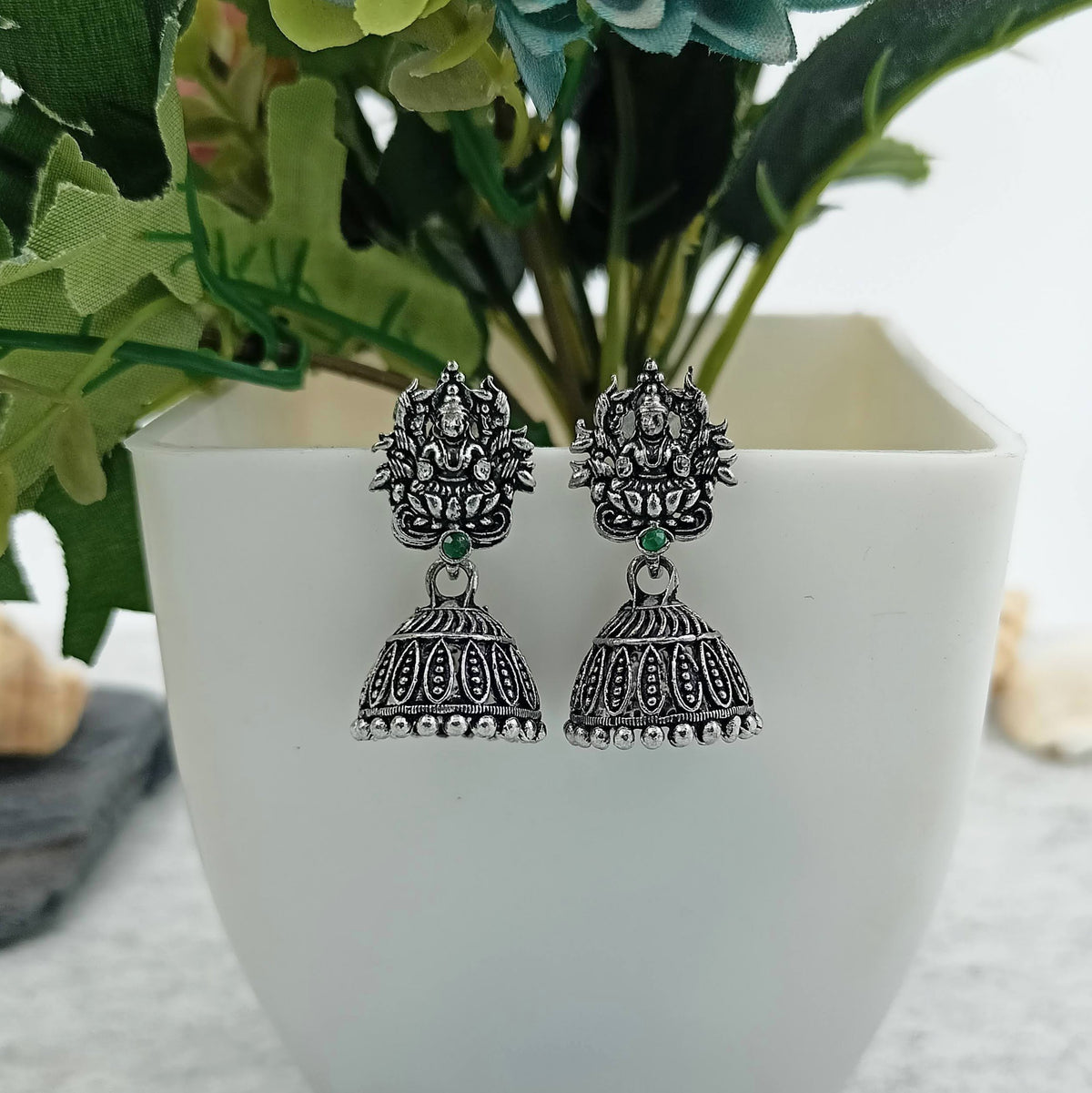 Green Stone Goddess Jhumka Silver Oxidised Trendy Earrings