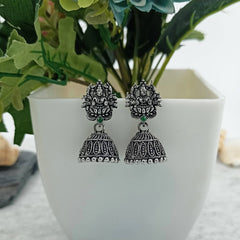 Green Stone Goddess Jhumka Silver Oxidised Trendy Earrings