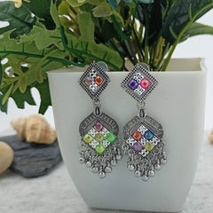 Multicolor Distorted Stone Silver Oxidised Trendy Earrings