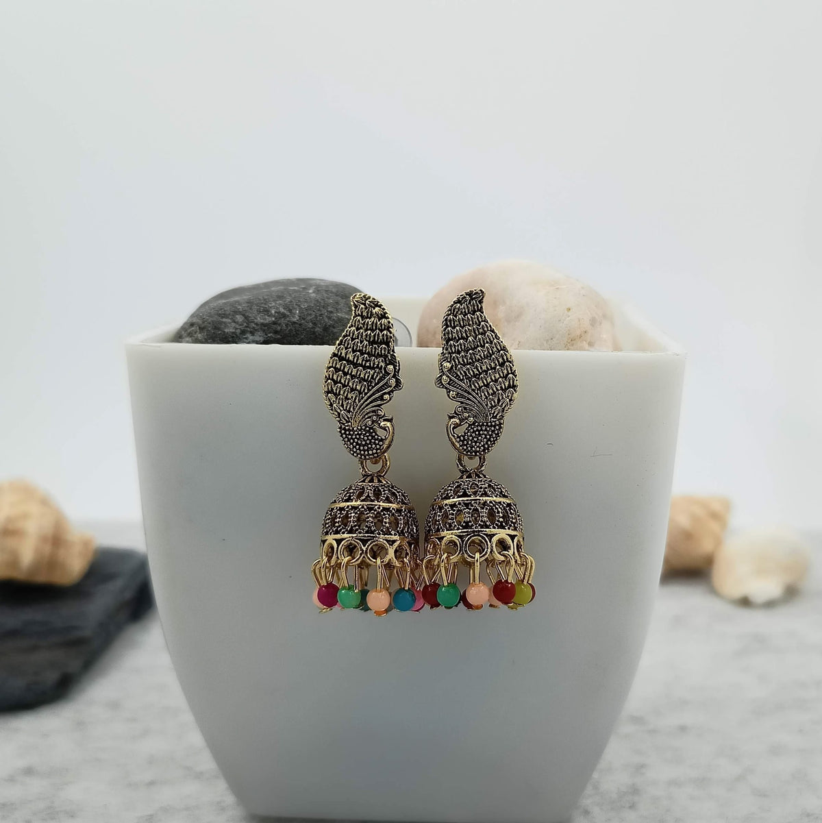 Multicolor Beads Peacock Jhumka Golden Oxidised Trendy Earrings