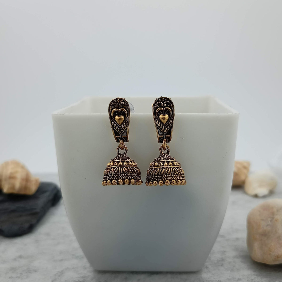 Heart Engraved Golden Jhumka Oxidised Trendy Earrings