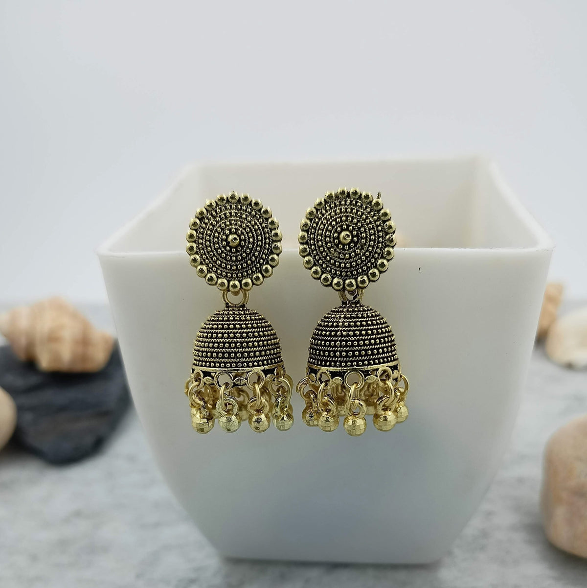 Round Design Golden Jhumka Oxidised Trendy Earrings