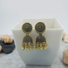 Round Design Golden Jhumka Oxidised Trendy Earrings