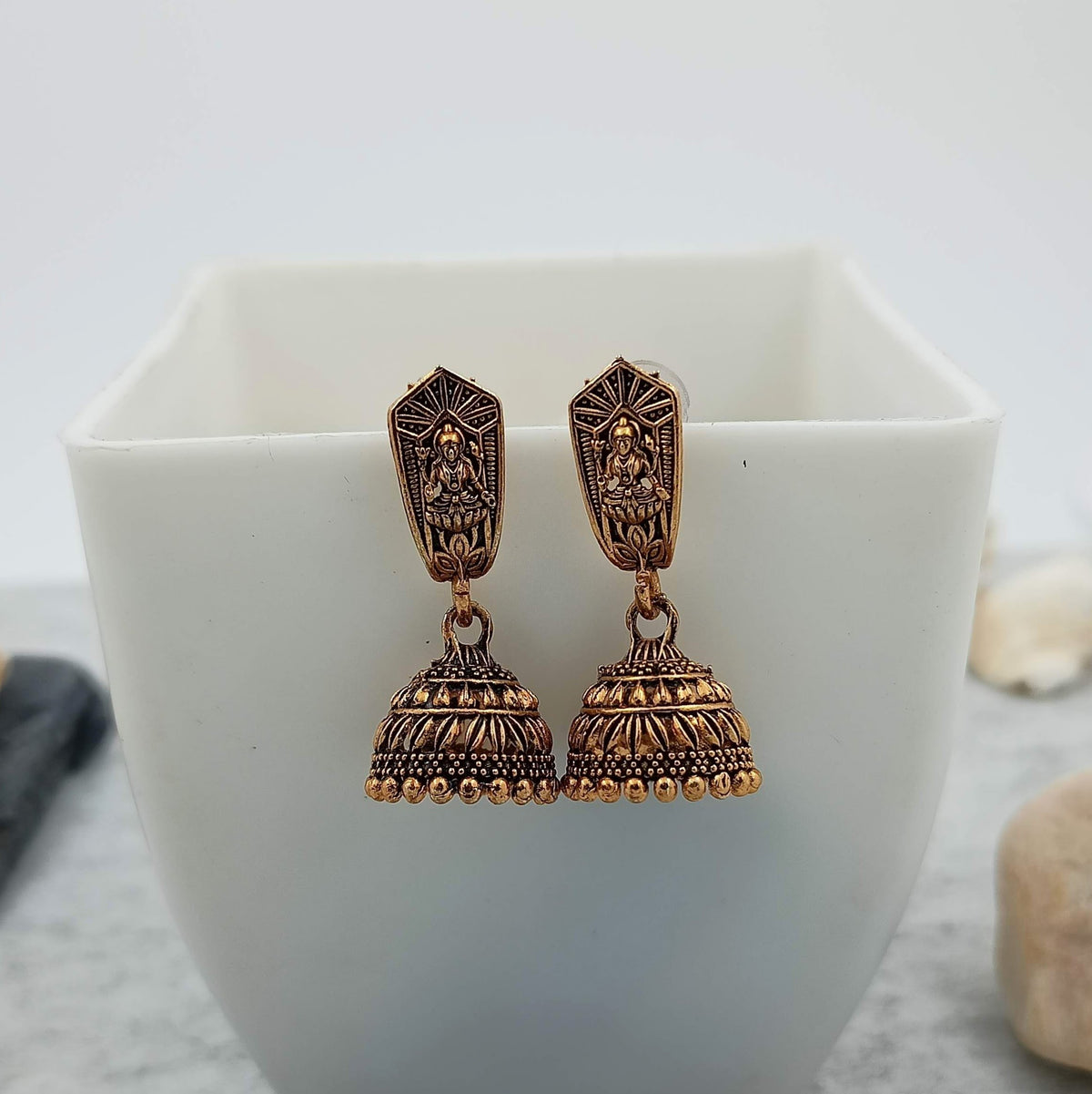 Goddess Engraved Golden Jhumka Oxidised Trendy Earrings