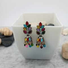 Multicolor Stone Leafs Golden Jhumka Oxidised Trendy Earrings