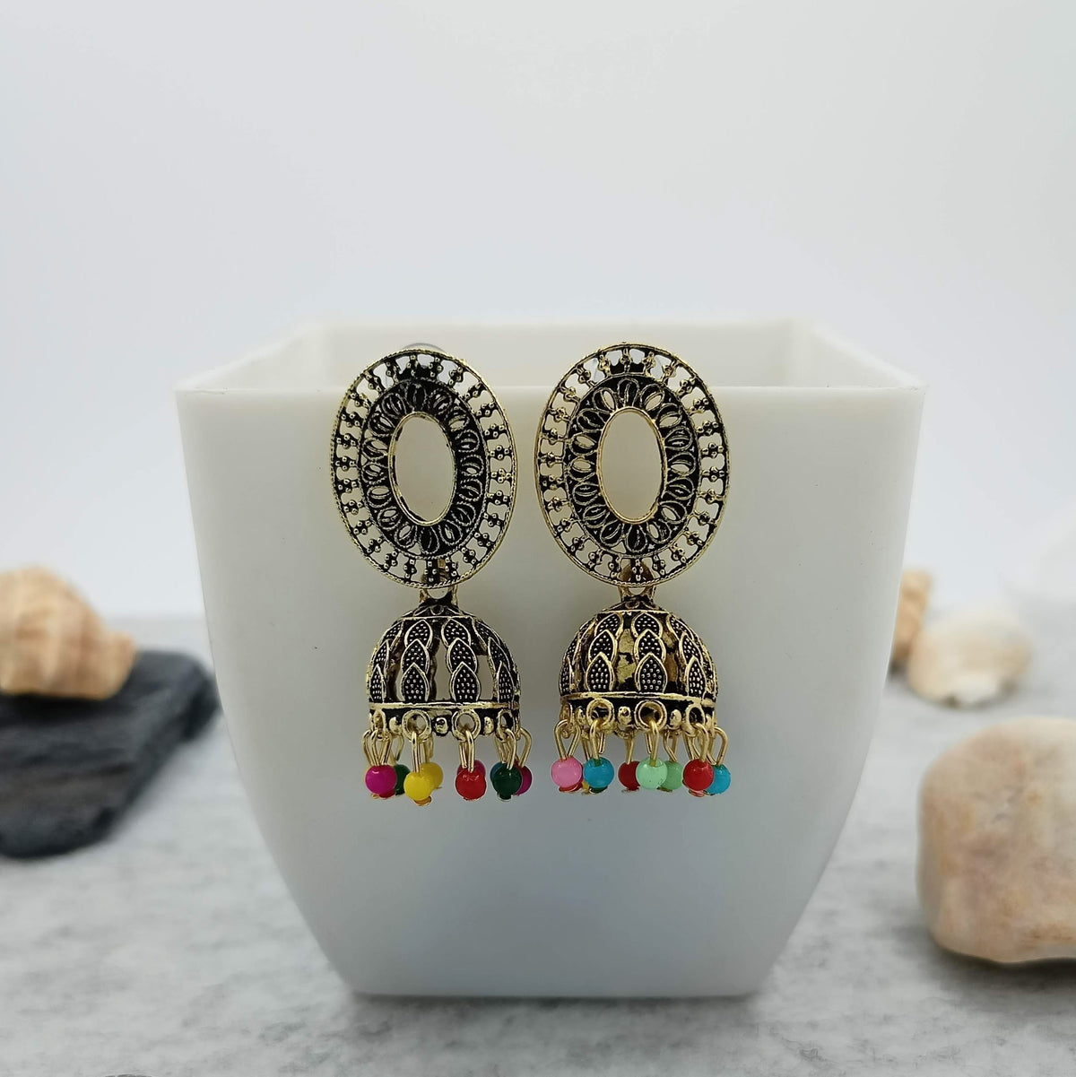Oval Shape Multicolor Beads Golden Jhumka Oxidised Trendy Earrings
