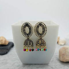 Oval Shape Multicolor Beads Golden Jhumka Oxidised Trendy Earrings