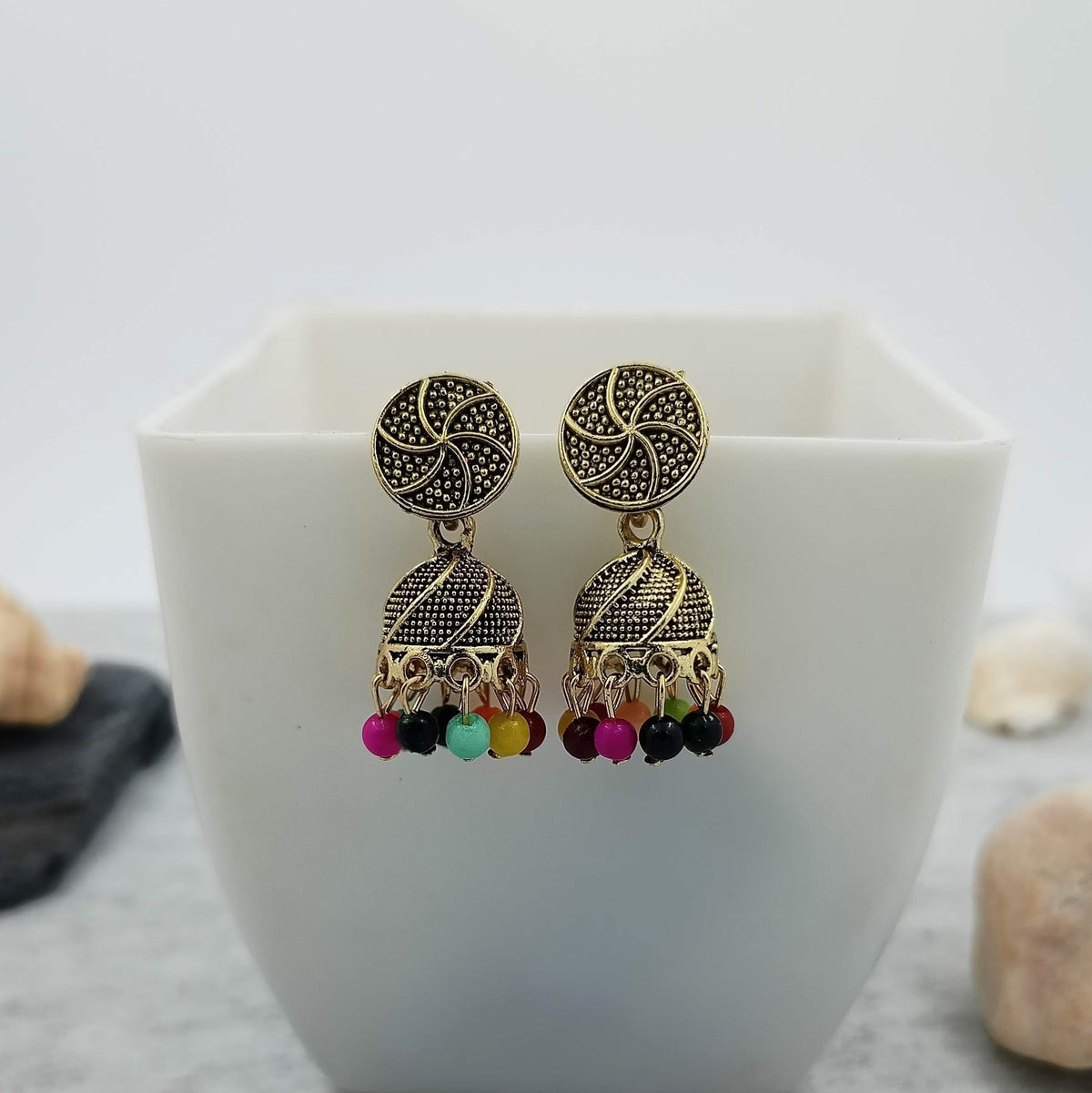 Multicolor Beads Golden Jhumka Oxidised Trendy Earrings