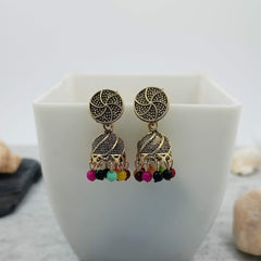 Multicolor Beads Golden Jhumka Oxidised Trendy Earrings