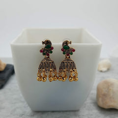 Green & Pink Stone Peacock Golden Jhumka Oxidised Earrings