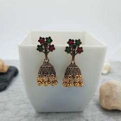 Tree Shape Pink & Green Stone Golden Jhumka Oxidised Earrings