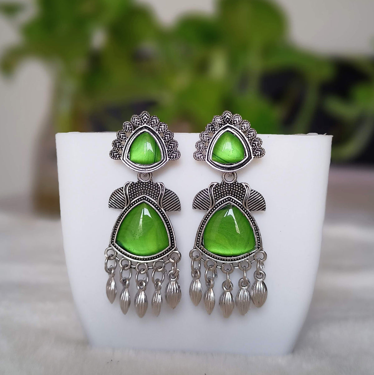 Green Color Drop Beads Stylish Silver Oxidised Earrings