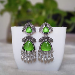 Green Color Drop Beads Stylish Silver Oxidised Earrings