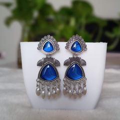 Blue Color Drop Beads Stylish Silver Oxidised Earrings