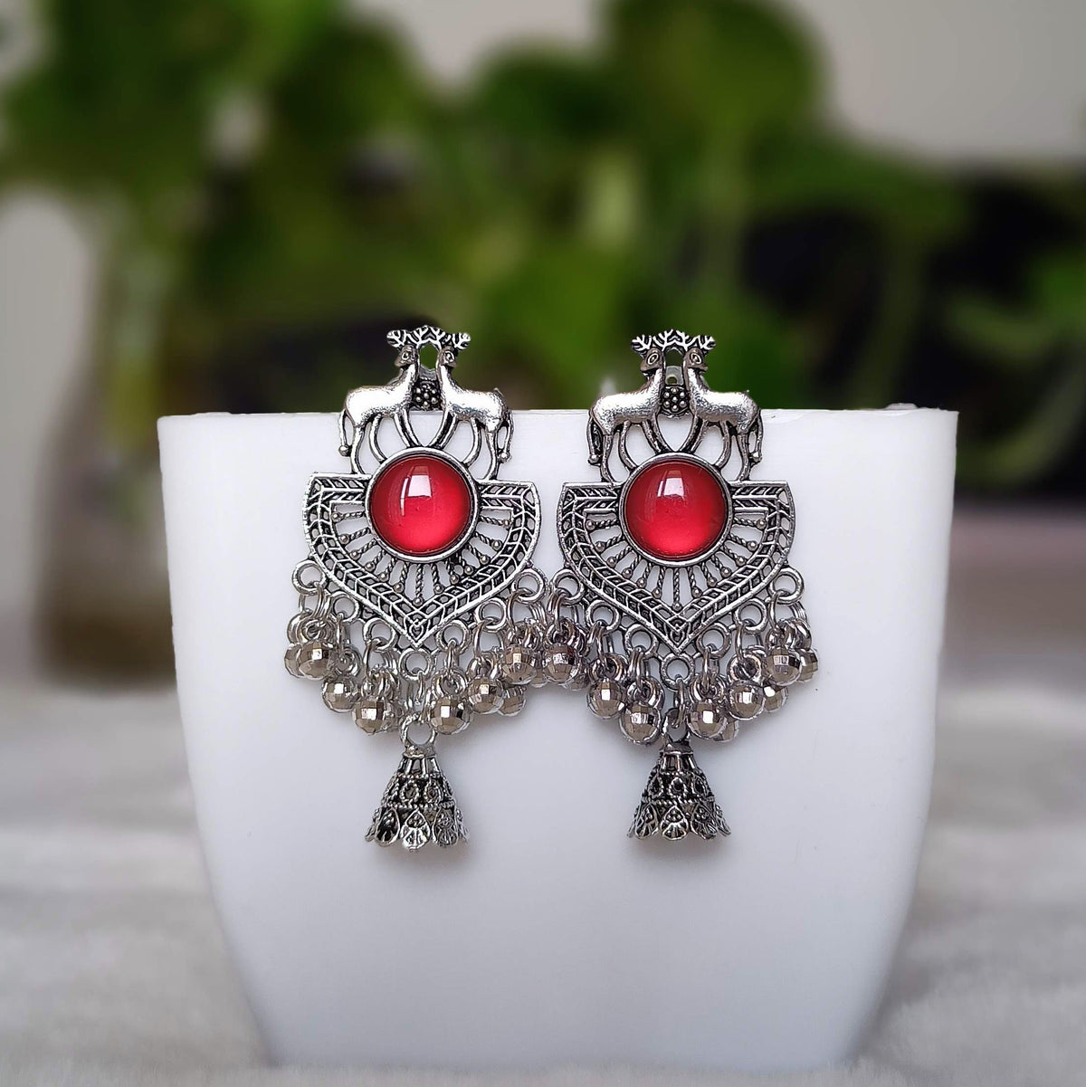 Red Color Deer Shape Jhumka Stylish Silver Oxidised Earrings