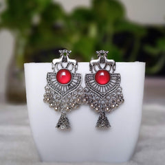 Red Color Deer Shape Jhumka Stylish Silver Oxidised Earrings