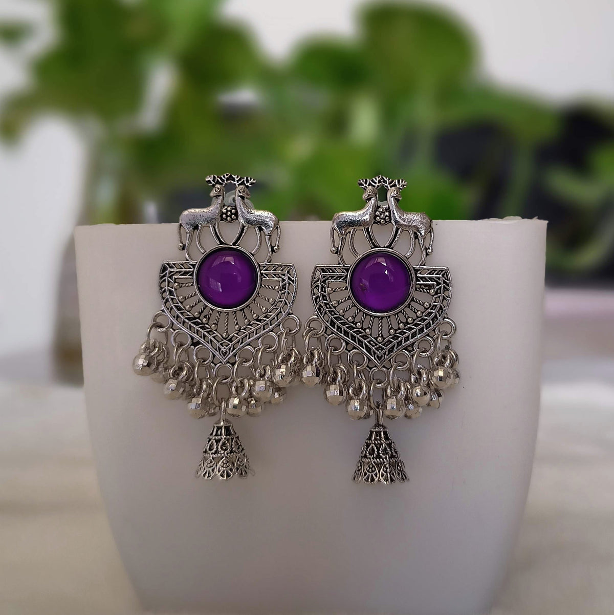 Purple Color Deer Shape Jhumka Stylish Silver Oxidised Earrings