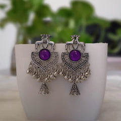 Purple Color Deer Shape Jhumka Stylish Silver Oxidised Earrings