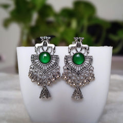 Green Color Deer Shape Jhumka Stylish Silver Oxidised Earrings