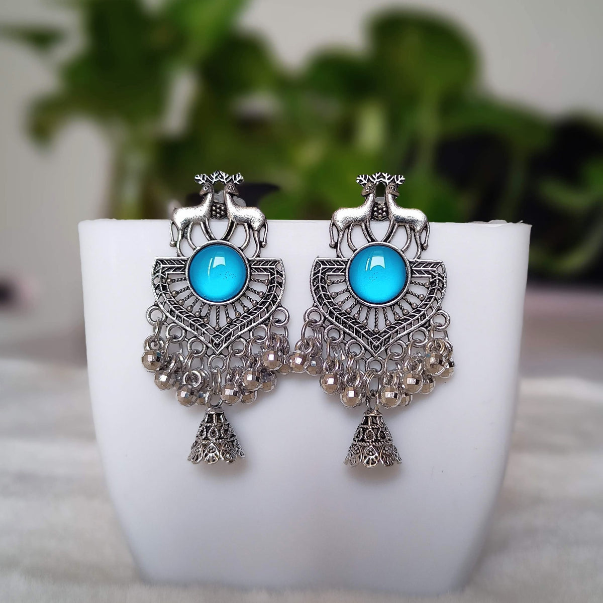 Light Blue Color Deer Shape Jhumka Silver Oxidised Earrings