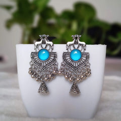 Light Blue Color Deer Shape Jhumka Silver Oxidised Earrings
