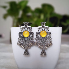 Yellow Color Deer Shape Jhumka Silver Oxidised Earrings